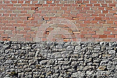 Grunge wall divided into two parts. In the lower part gray natural stones and in the upper part exposed bricks and concrete Stock Photo