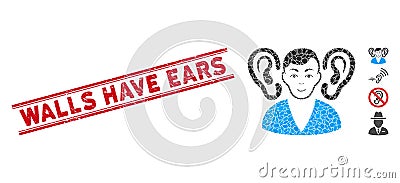 Grunge Walls Have Ears Line Stamp with Mosaic Listener Icon Stock Photo