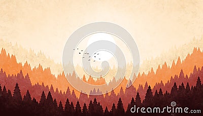 Grunge watercolor illustration of a forest in red-brown-beige color. Background of hills at sunset in earth tones Cartoon Illustration