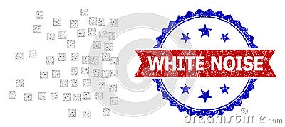 Grunge White Noise Round Rosette Bicolor Badge and Mesh Carcass Scattered Square Particles Vector Illustration