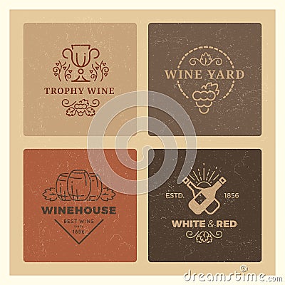 Grunge wine logos. Vintage hipster wine vector emblems Vector Illustration