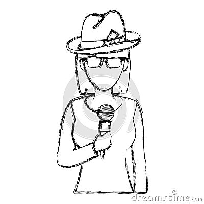 Grunge woman reporter news with hat and microphone Vector Illustration