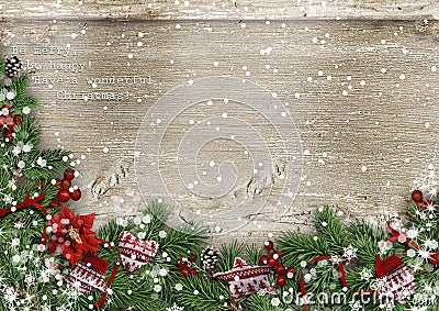 Grunge wood background with Christmas firtree, holly&mittens Stock Photo