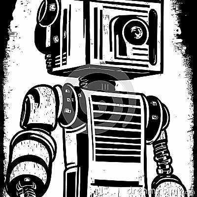 Grunge Woodcut Futuristic Robot Portrait Vector Illustration