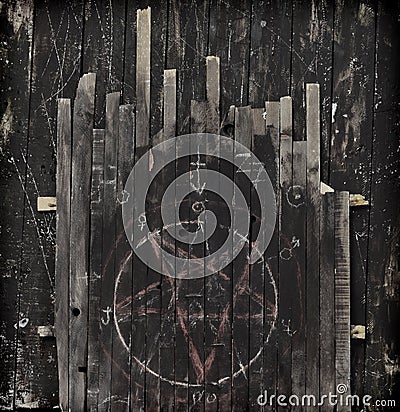 Grunge wooden background with pentagram and mystic symbols Stock Photo