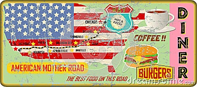 Grungy american moter road diner sign and road map, retro grungy vector illustration Vector Illustration
