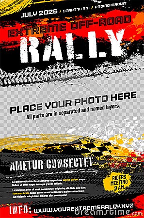 Grungy background with abstract tire tracks, chess flag and place for your photo and text - off-road rally poster template Vector Illustration