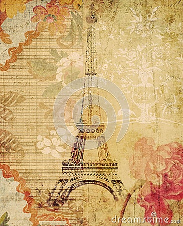 Grungy Floral Eiffel Tower Paris Background Stock Photo