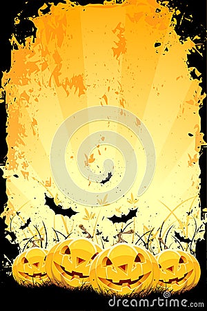 Grungy Halloween background with pumpkins and bats Vector Illustration