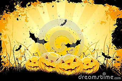 Grungy Halloween background with pumpkins and bats Vector Illustration
