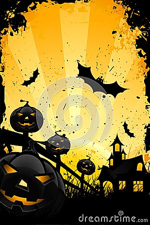 Grungy Halloween background with pumpkins and bats Vector Illustration