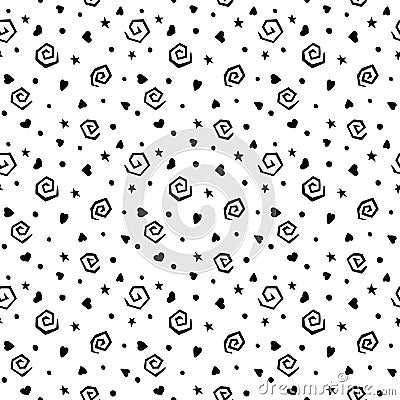 Grungy hand drawn seamless pattern. Spirals, stars, hearts and dots isolated on a white background. Vector Illustration