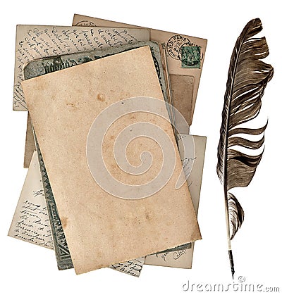 Grungy paper page, antique postcards and vintage ink pen Stock Photo