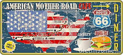 Grungy route 66 diner and cafe sign and road map, retro grungy vector Vector Illustration