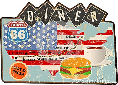 Grungy route 66 diner sign and road map, retro grungy vec Vector Illustration