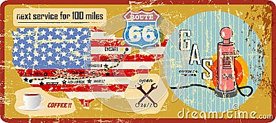 Grungy route 66 gas station sign and road map Vector Illustration