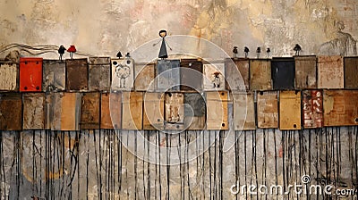 Grungy Textured Painting Of Kids And Birds On A Wooden Box Stock Photo