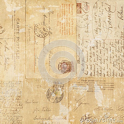 Grungy vintage postcard ephemera collage background Stock Photo