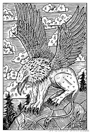 Gryphon. Engraved fantasy illustration Vector Illustration