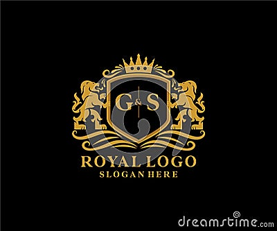 Initial GS Letter Lion Royal Luxury Logo template in vector art for Restaurant, Royalty, Boutique, Cafe, Hotel, Heraldic, Jewelry Vector Illustration