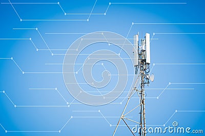 GSM cell tower. Telecommunications 5G, 4G, equipment on blue sky background Stock Photo