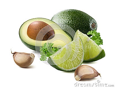 Guacamole avocado garlic lime ingredients isolated Stock Photo