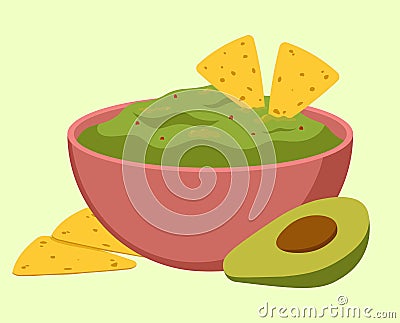 Guacamole In The Bowl With Avocado And Nachos Food Vector Illustration In Flat Style Vector Illustration