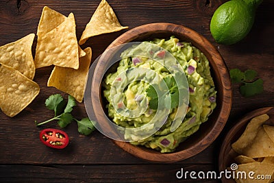 Guacamole bowl lime chips food. Generate Ai Stock Photo