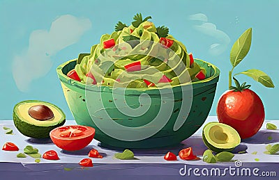 Guacamole plate green hill spiral Mexican cuisine Cartoon Illustration