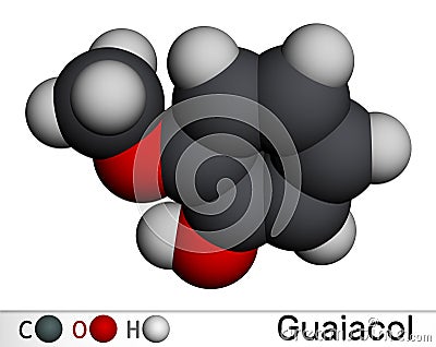 Guaiacol molecule. It is expectorant, disinfectant, plant metabolite. Present in wood smoke. Molecular model. 3D rendering Stock Photo