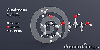 guaifenesin molecule 3d rendering, flat molecular structure with chemical formula and atoms color coding Stock Photo
