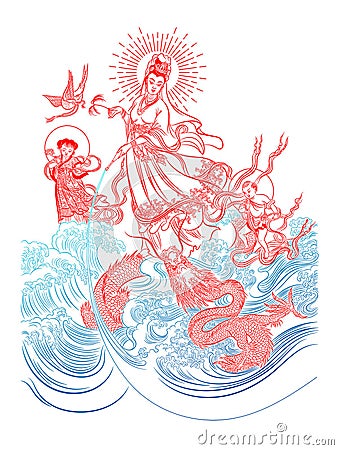 Guan Yim children & Dragon Chinese goddess illustration Vector Illustration