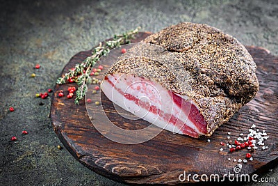 Guanciale dried speck Ð° ham, Italian cured meat Stock Photo