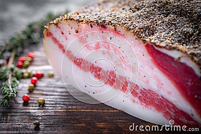 Guanciale dried speck Ð° ham, Italian cured meat Stock Photo