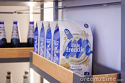 Guangzhou, China - May 17, 2021: Packs of Little Freddie oatmeal porridge is on the kitchen cupboard shelf Editorial Stock Photo