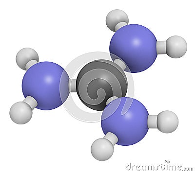 Guanidinium cation. Protonated form of guanidine. 3D rendering. Atoms are represented as spheres with conventional color coding: Stock Photo