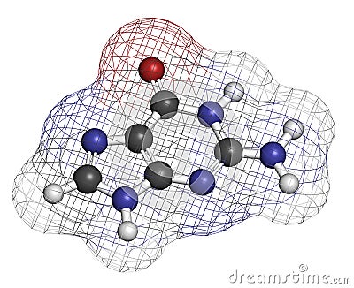 Guanine (G) purine nucleobase molecule. Base present in DNA and RNA. Atoms are represented as spheres with conventional color Stock Photo