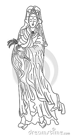 Golden Guanyin or Guan Yin vector for tattoo on black background. Vector Illustration