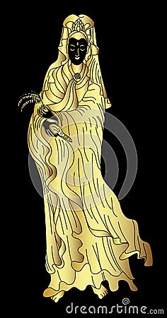 Golden Guanyin or Guan Yin vector for tattoo on black background. Vector Illustration