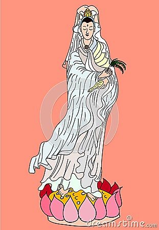 Golden Guanyin or Guan Yin vector for tattoo on black background. Vector Illustration