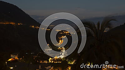 Night view of the church of Our Lady of Guapulo with the Cayambe volcano on the horizon Editorial Stock Photo