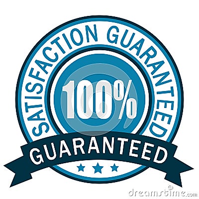 100% Guaranteed. Satisfaction guaranteed badge label. Blue icon. Stock Photo