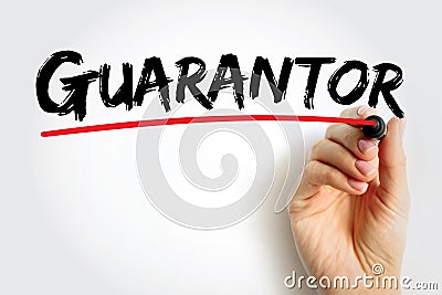 Guarantor - a person or thing that gives or acts as a guarantee, text concept background Stock Photo