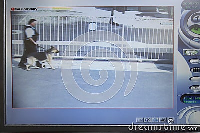 Guard With Dog Seen On Picture From Security Camera Stock Photo