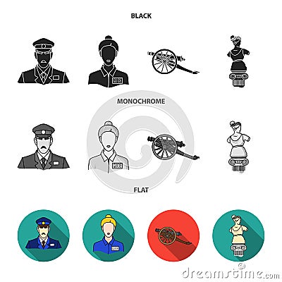 Guard, guide, statue, gun. Museum set collection icons in black, flat, monochrome style vector symbol stock illustration Vector Illustration