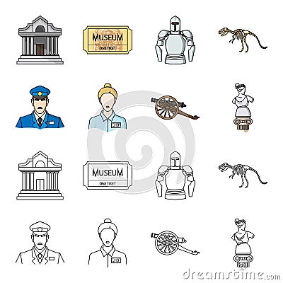 Guard, guide, statue, gun. Museum set collection icons in cartoon,outline style vector symbol stock illustration web. Vector Illustration