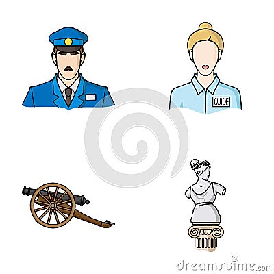 Guard, guide, statue, gun. Museum set collection icons in cartoon style vector symbol stock illustration web. Vector Illustration