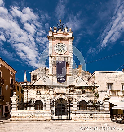 Guard house in Zadar, Croatia with clock tower Stock Photo