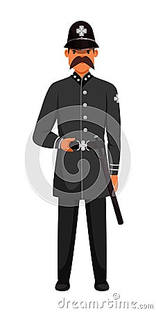 Guard man queens patrol soldier character in post. Ancient palace guardian wearing army uniform. British security guy Vector Illustration