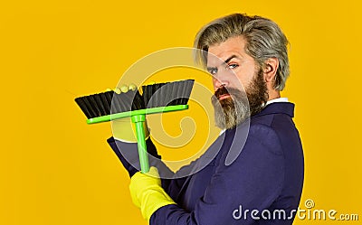 On guard of order. Cleaning day. Sweep in office. Hipster enjoy cleanliness. Cleaning business. Household duties Stock Photo